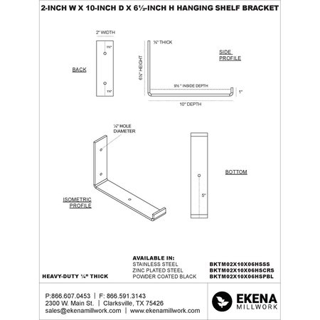 Ekena Millwork Steel Hanging Shelf Bracket, Hammered Dark Bronze 2"W x 10"D x 6 1/2"H BKTM02X10X06HSHDB